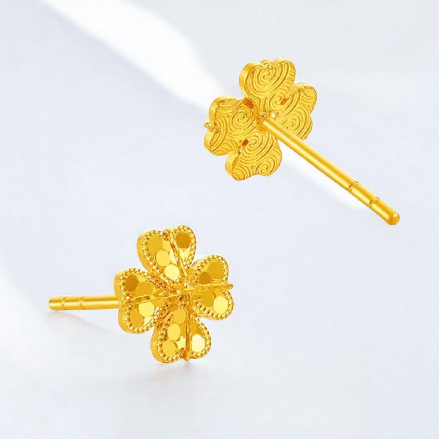 24K Real 5G Gold Sparkling Clover Stud Earrings