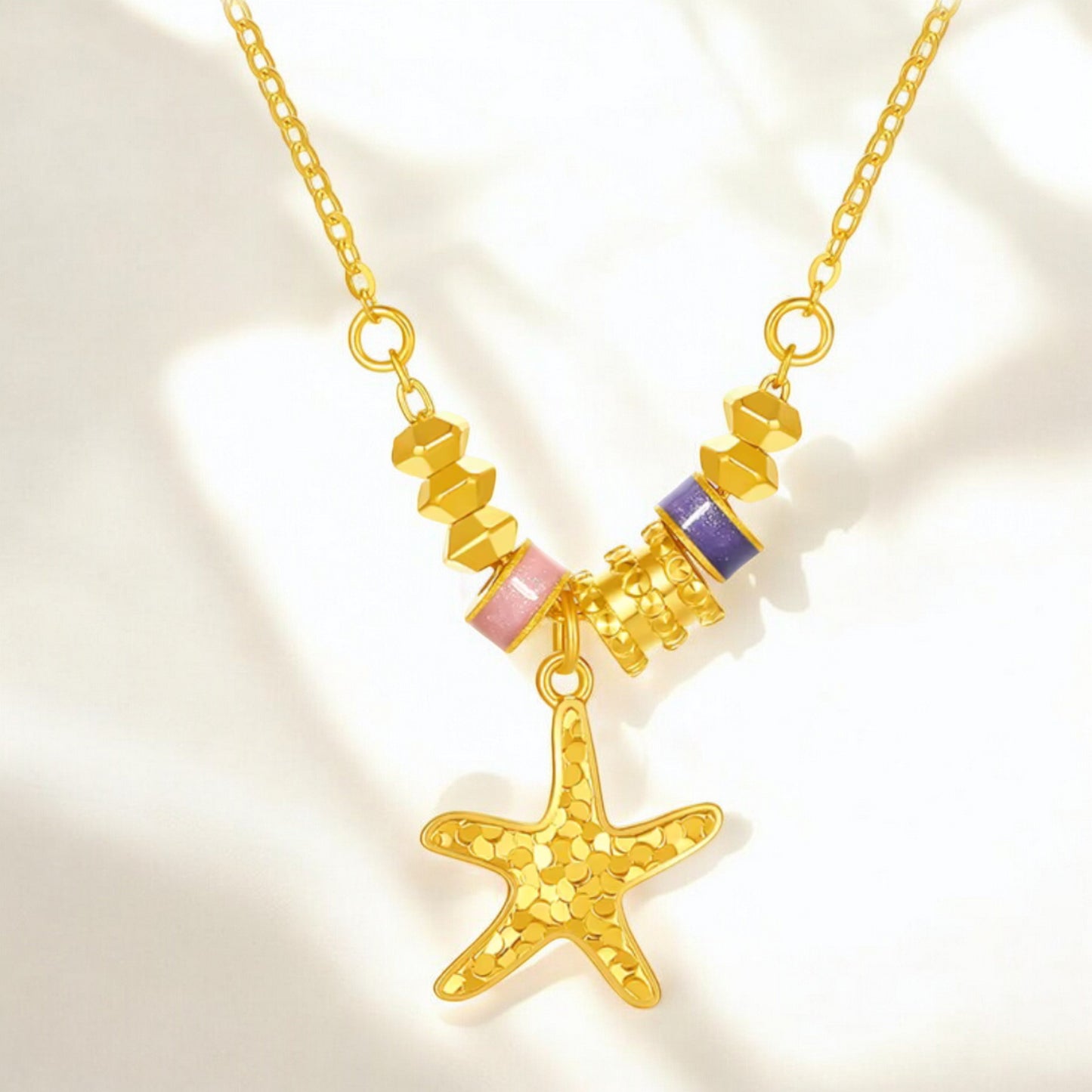 24K 999 5G Gold Sparkling Sea Star Pendant Enamel Beads Necklace