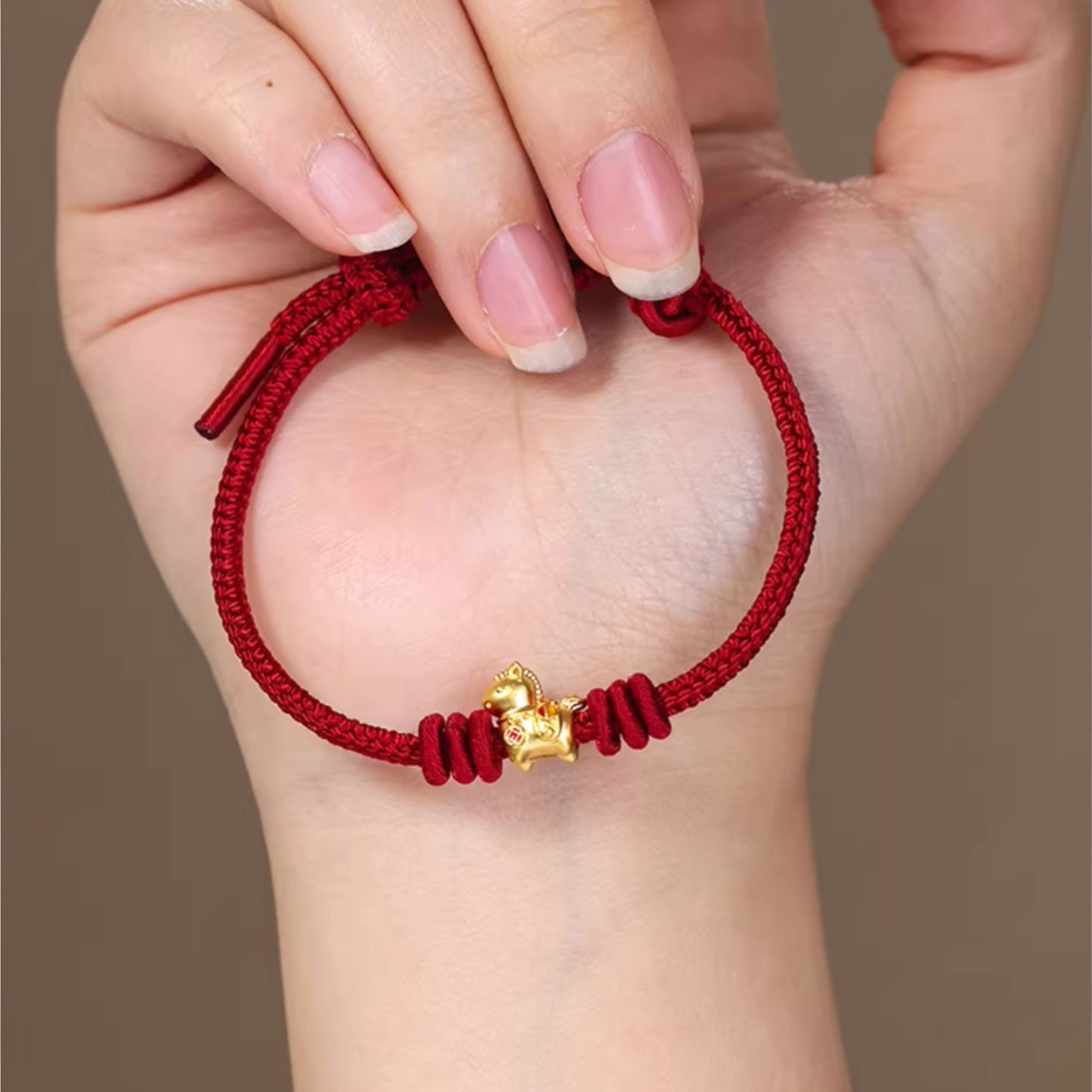 24k 999 Gold Zodiac Year of Horse Charm Red Woven Rope Bracelet
