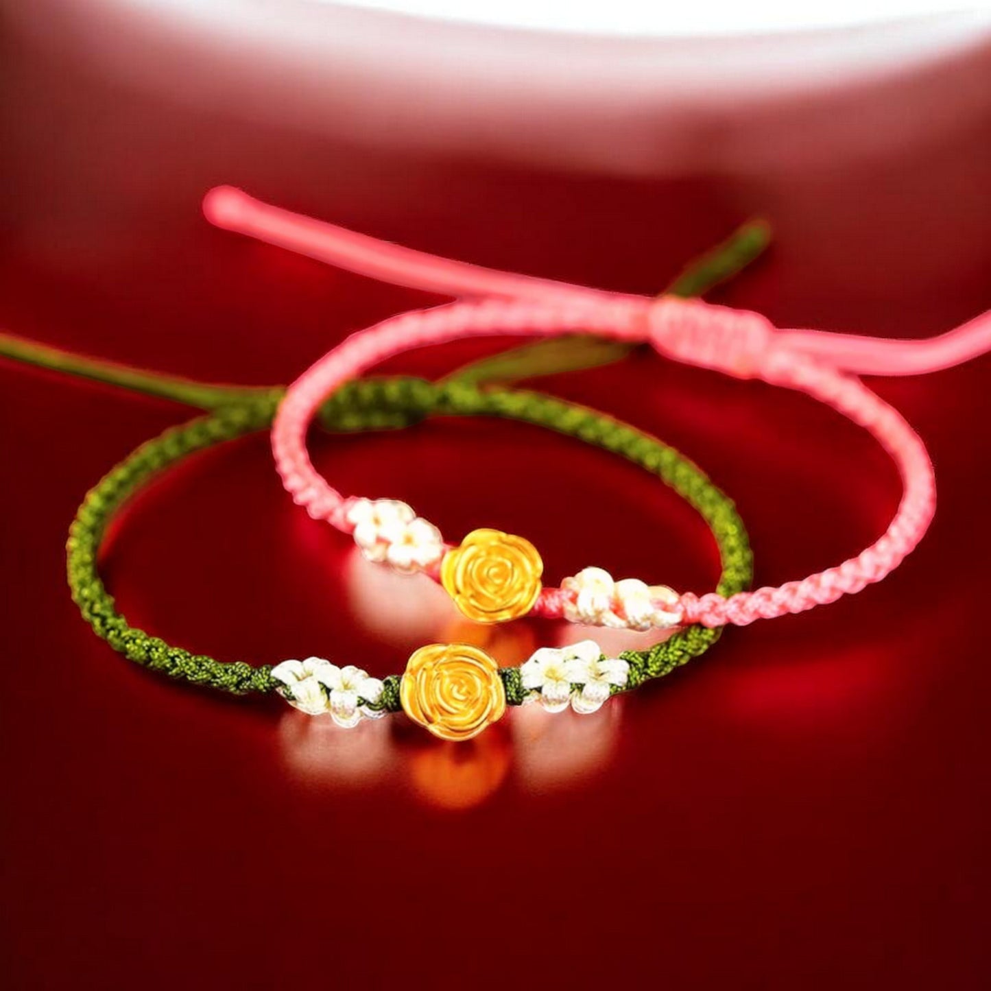 24K 999 Gold Romantic Rose Flower Charm Red Rope Braided Bracelet