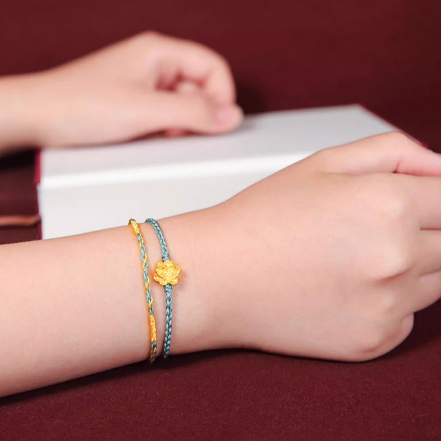 24K 999 Gold Lotus Flower Charm Double Rope Braided Bracelet