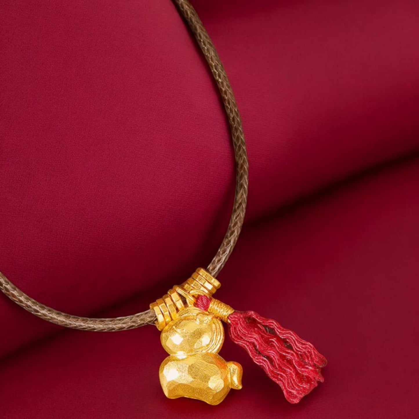 24k Real Gold Zodiac Year of Horse with Tassel Pendant Rope Necklace