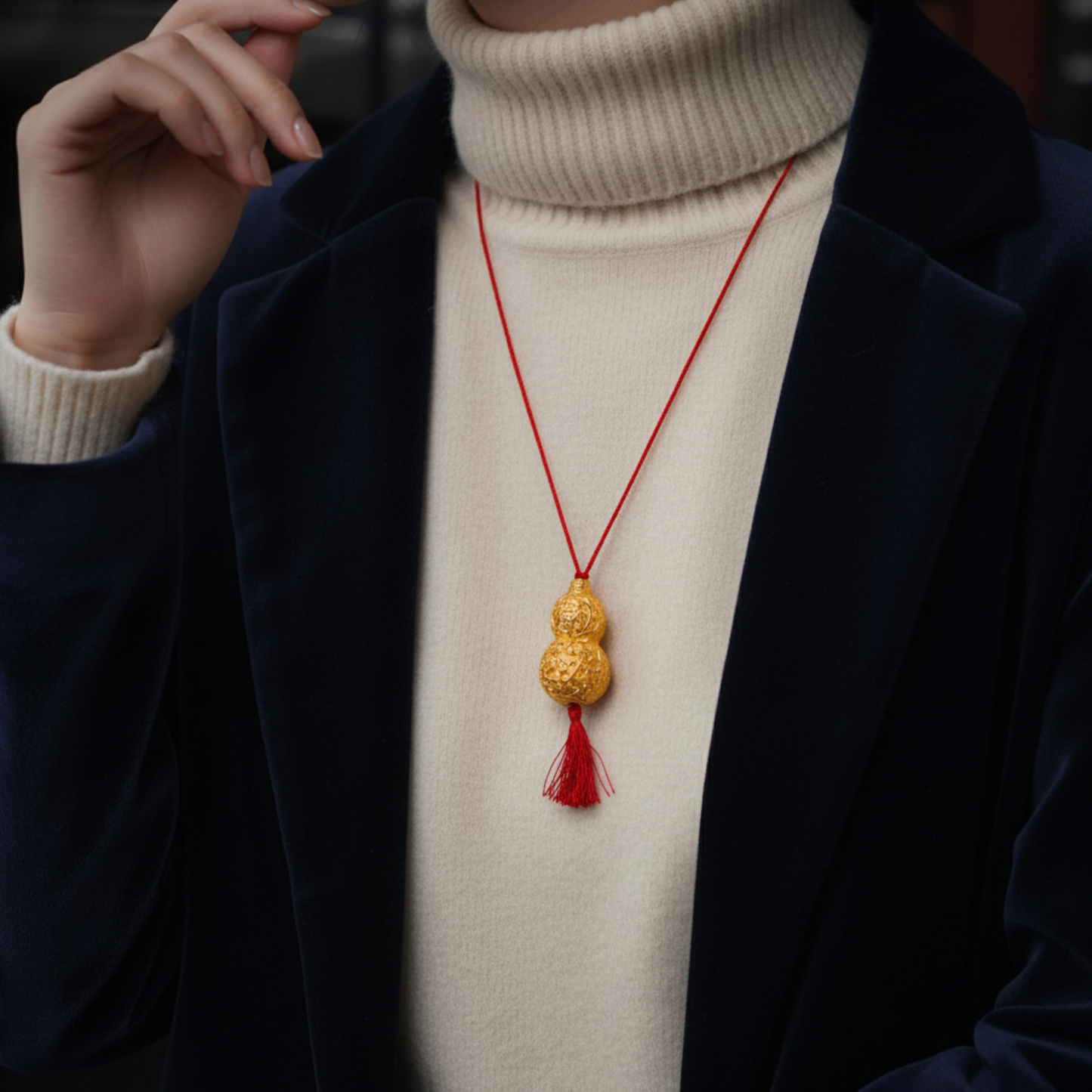 24K 999 Gold Engraved Magpie Cherry blossom Auspicious Gourd Pendant