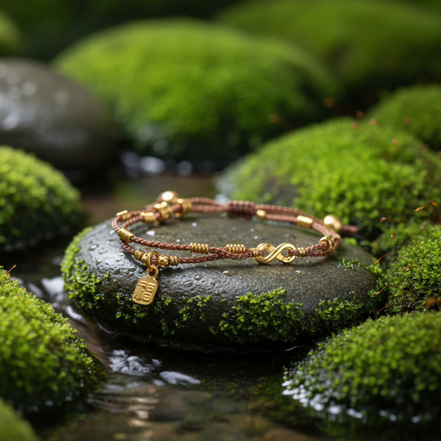 24K Pure 999 Gold Chinese Fu Blessing Lucky Beads Woven Rope Bracelet