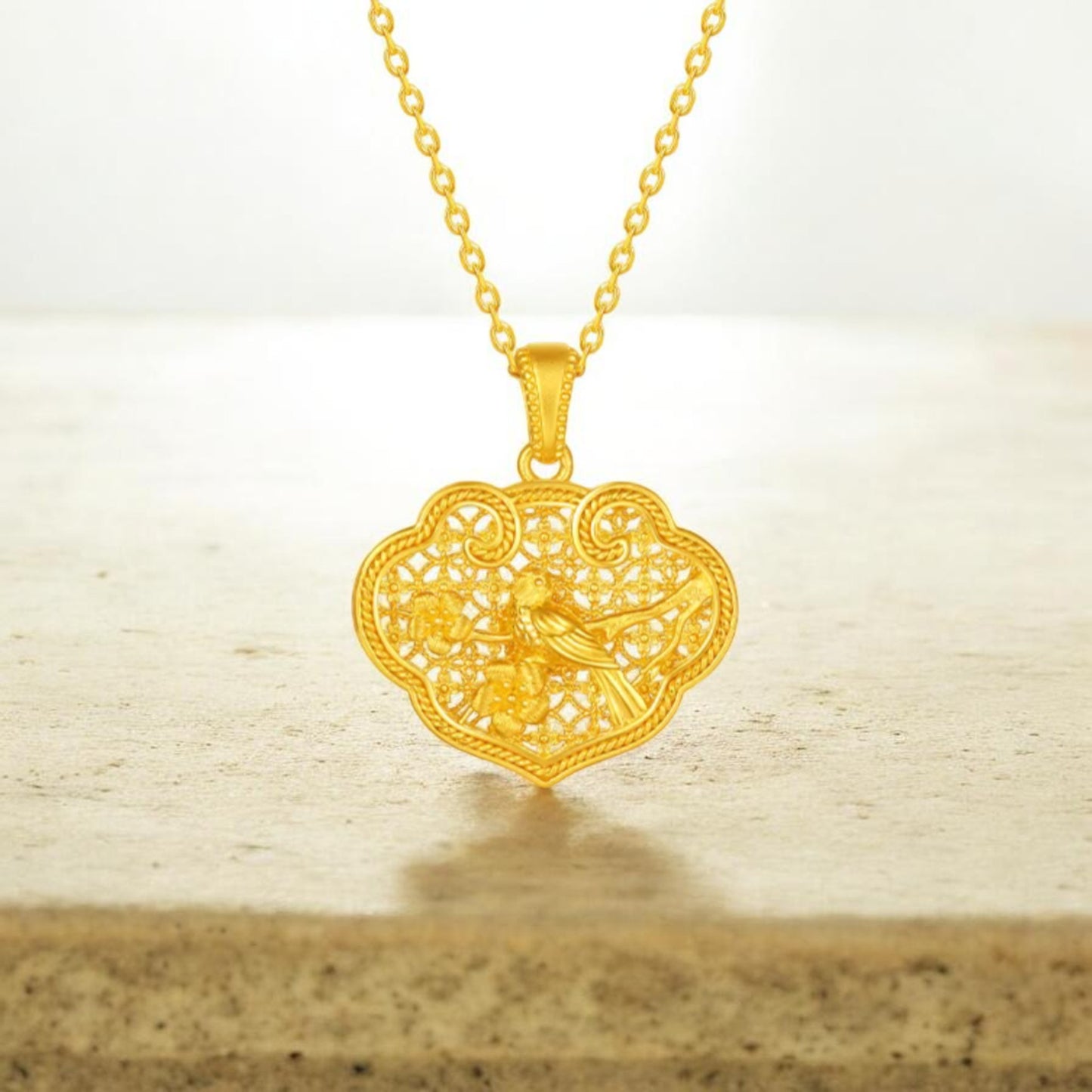 24K 999 Gold Chinese Ruyi Bird Lucky Pendant