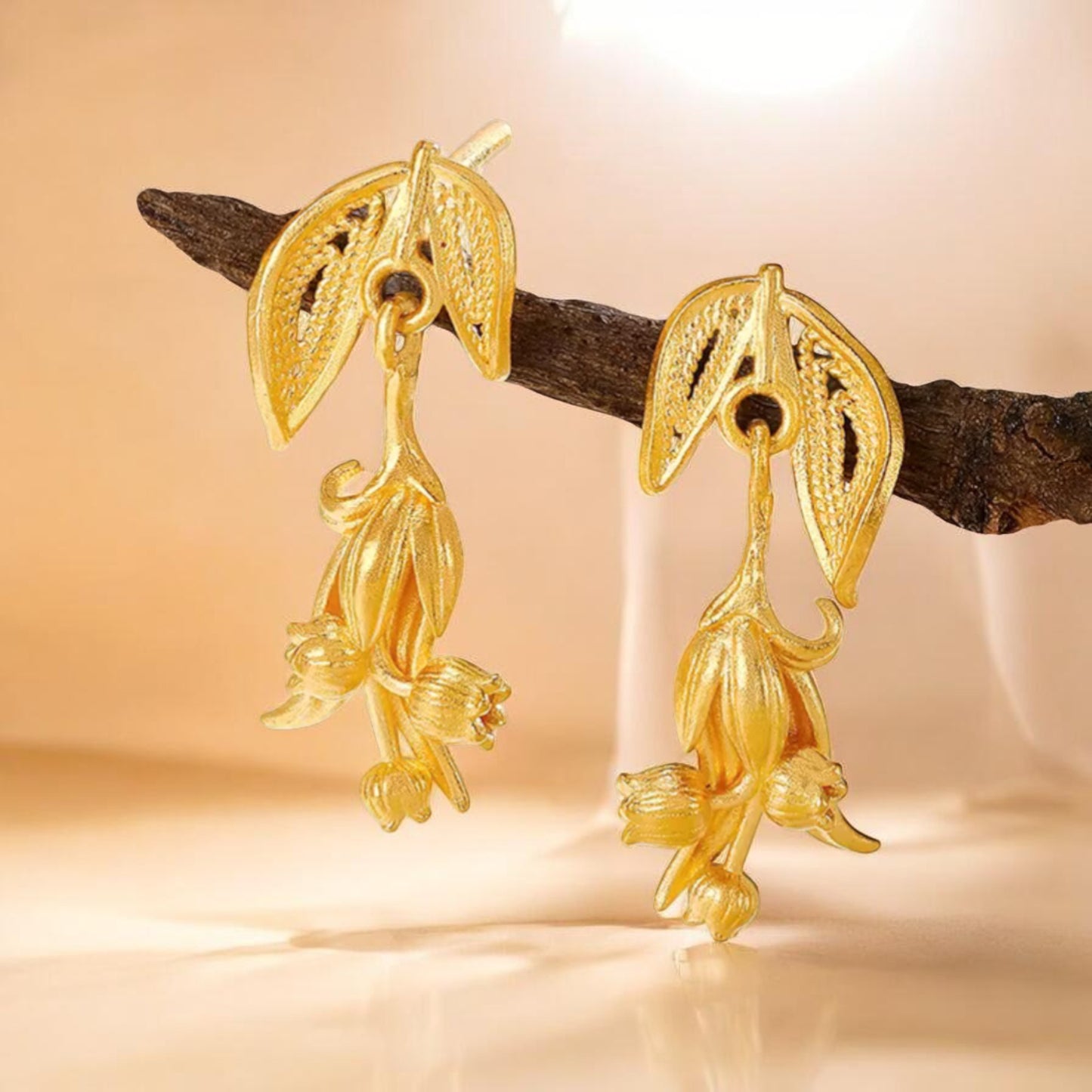 24K 999 Gold Lily Flower Elegant Stud Earrings