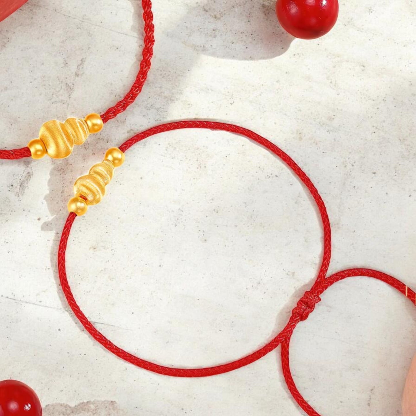 24k Real Gold Lucky Gourd Charm Red Adjustable Rope Bracelet