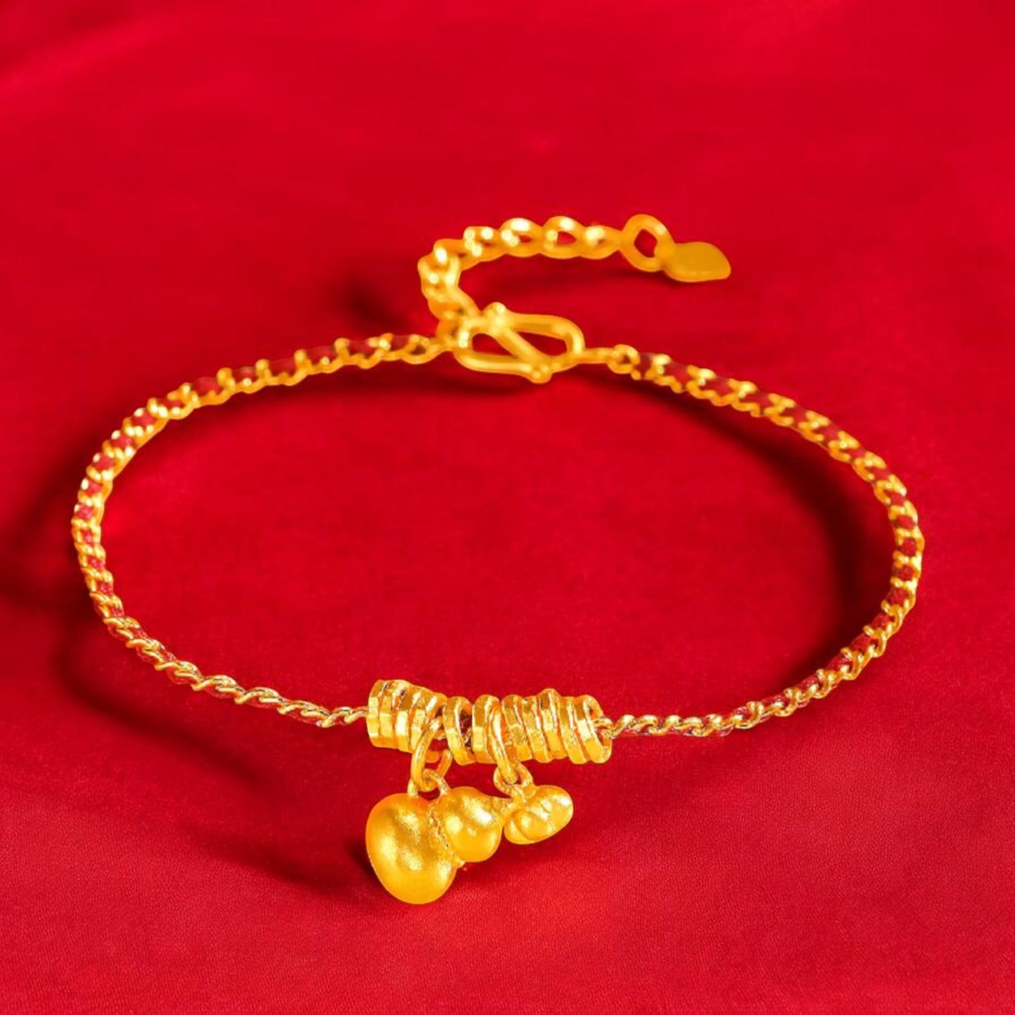 24k Real Gold Lucky Blessing Gourd Charm Red Rope Bracelet