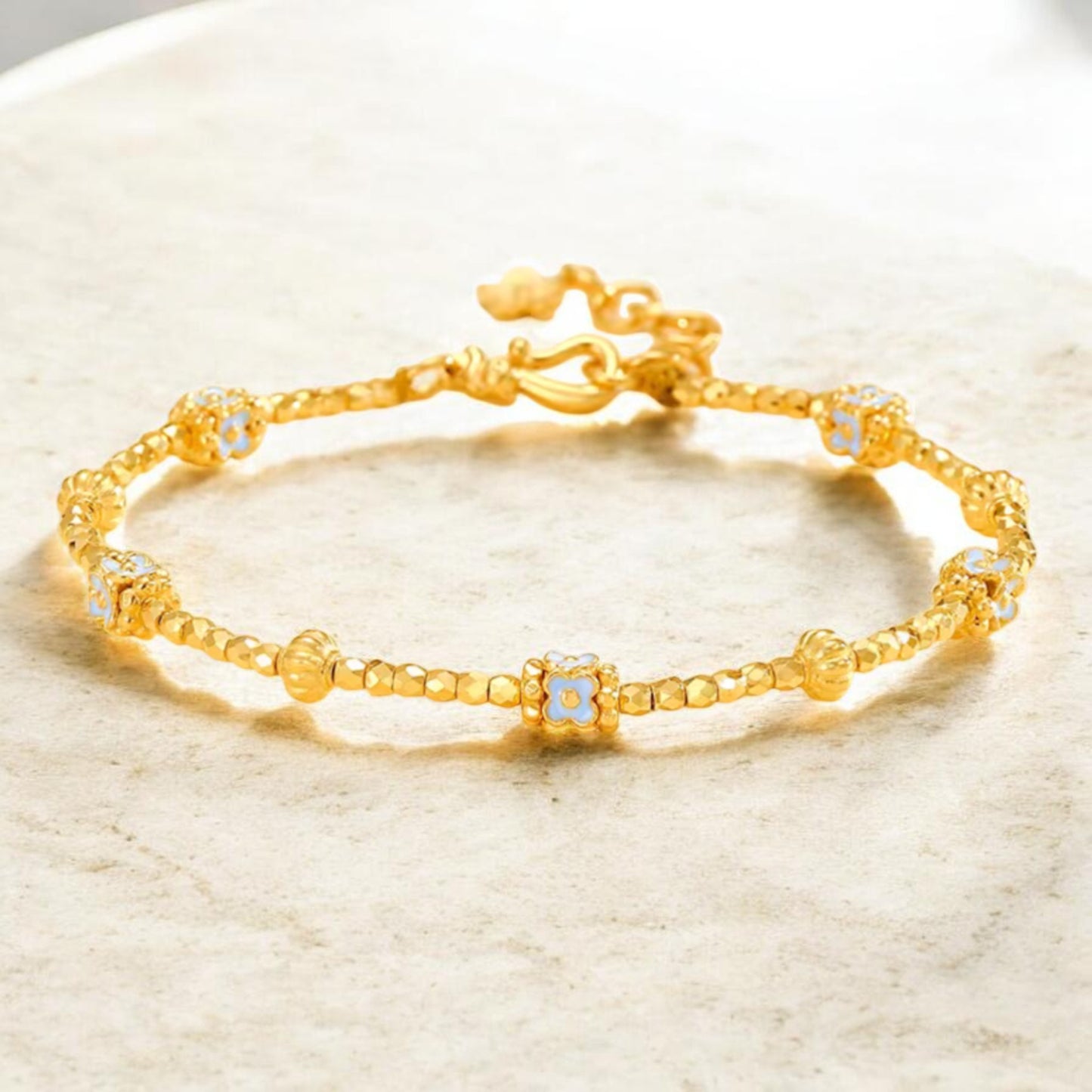 24k Real Gold Disco Beads Enamel Blue Flower Charm Bracelet