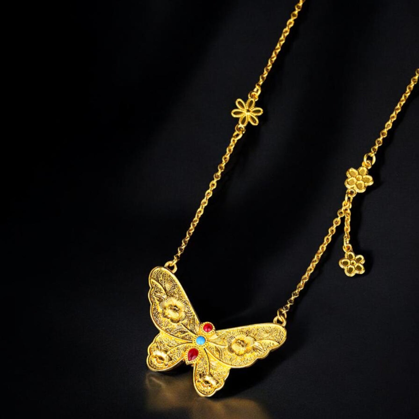 24k Gold Enamel Butterfly Pendant Necklace