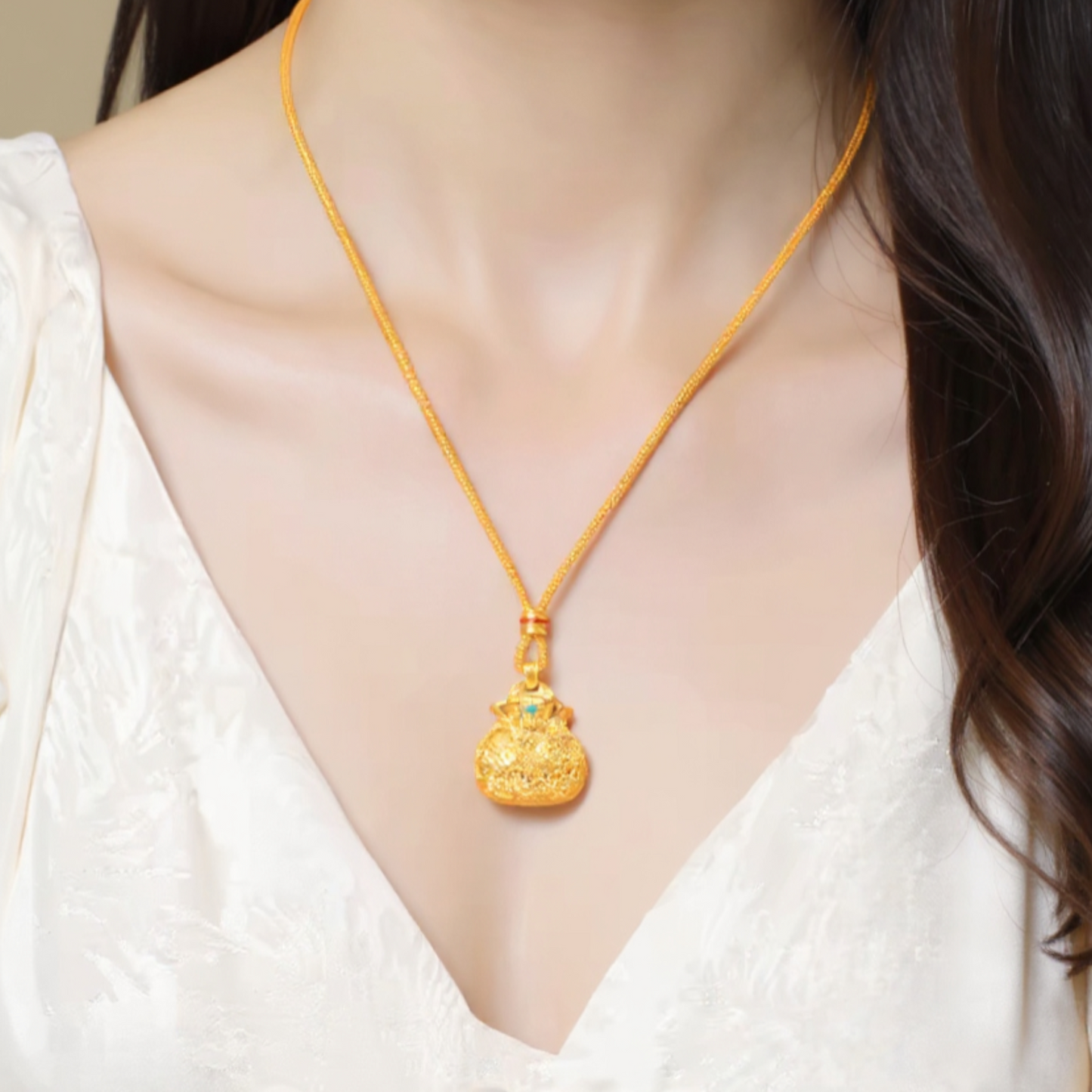 24k Gold Fu Blessing Bag Kirin Pendant with Braided Cord Necklace
