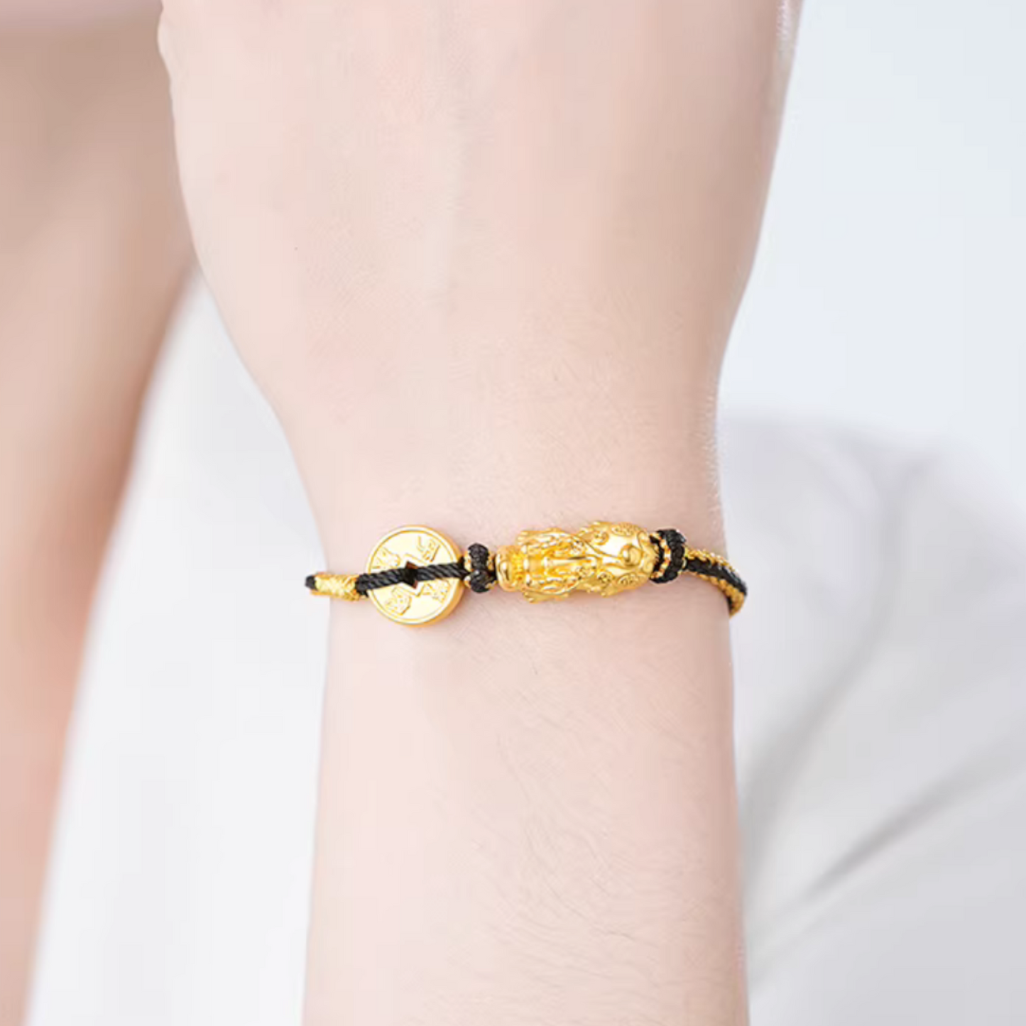 24K 999 Gold Pixiu Charm Coin Woven Rope Braided Bracelet