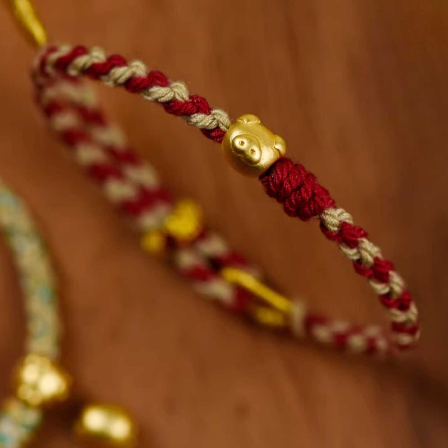 24k 999 Gold Cute Pig Piggy Charm Bring Wealth Braided Rope Bracelet