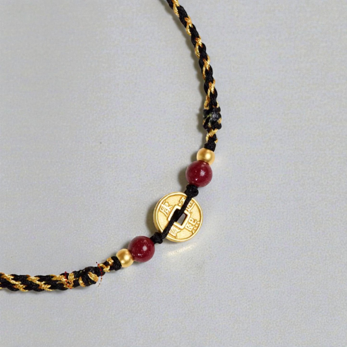 24k 999 Gold Kangxi Tongbao Coin Charm with Braided Bracelet and Anklet