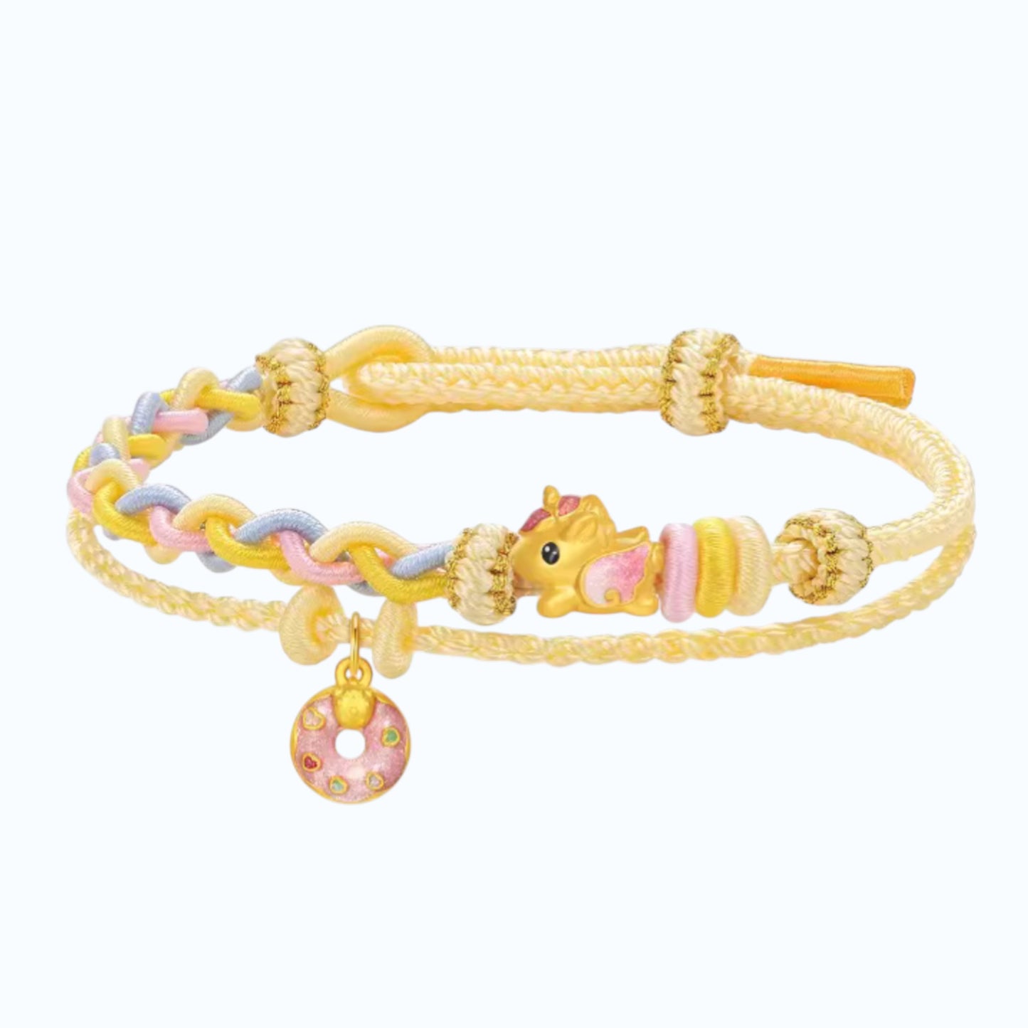24k 999 Gold 5D Hard Gold Horse and Donut Icecream Charm Braided Bracelet