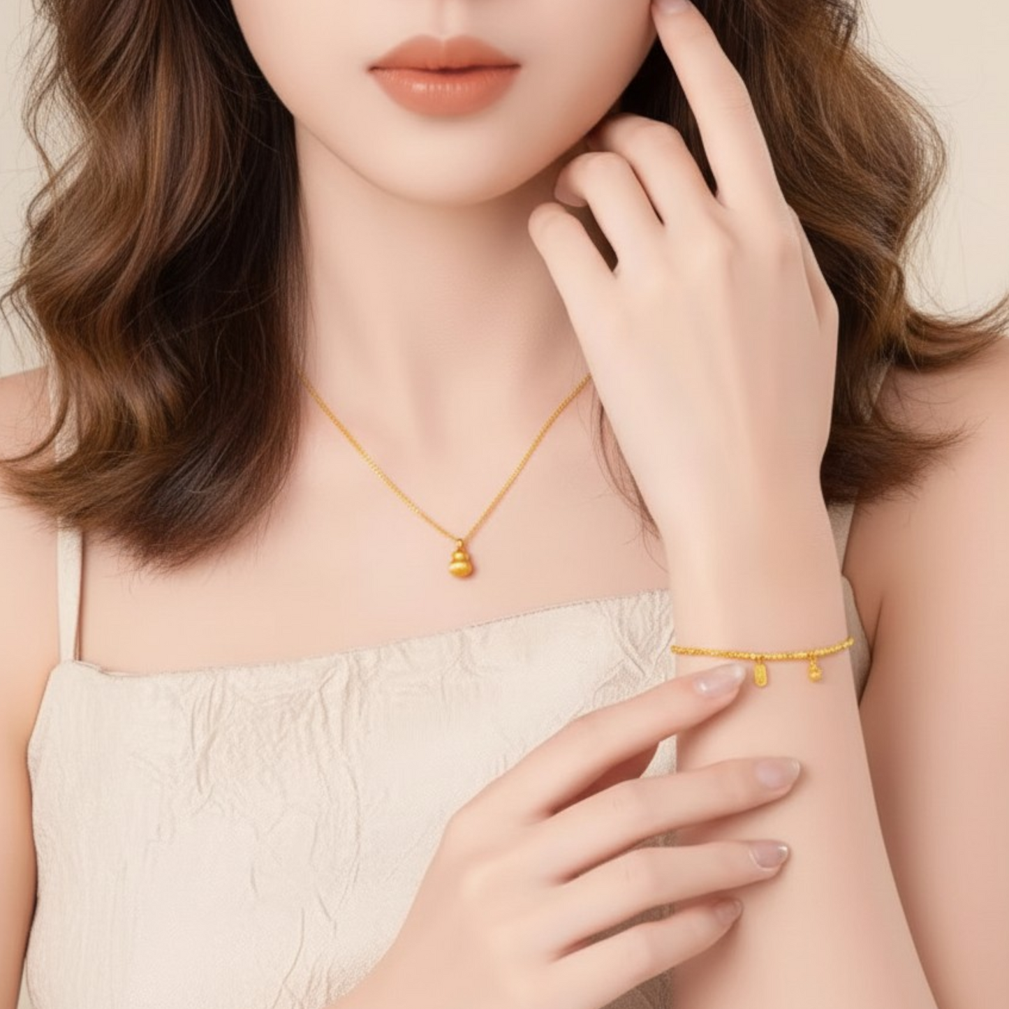 24k 999 5G Gold Minimal Style Disco Beads Gourd Charm Blessing Charm Bracelet