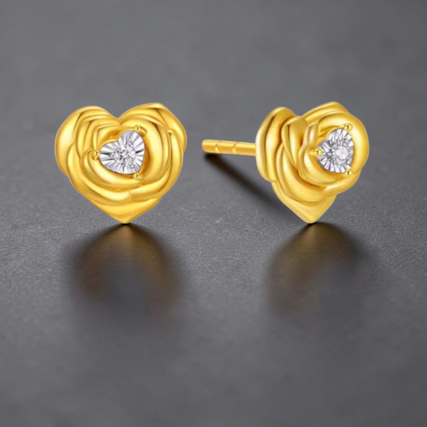 18K Gold Diamond Heart Rose Romantic Stud Earrings
