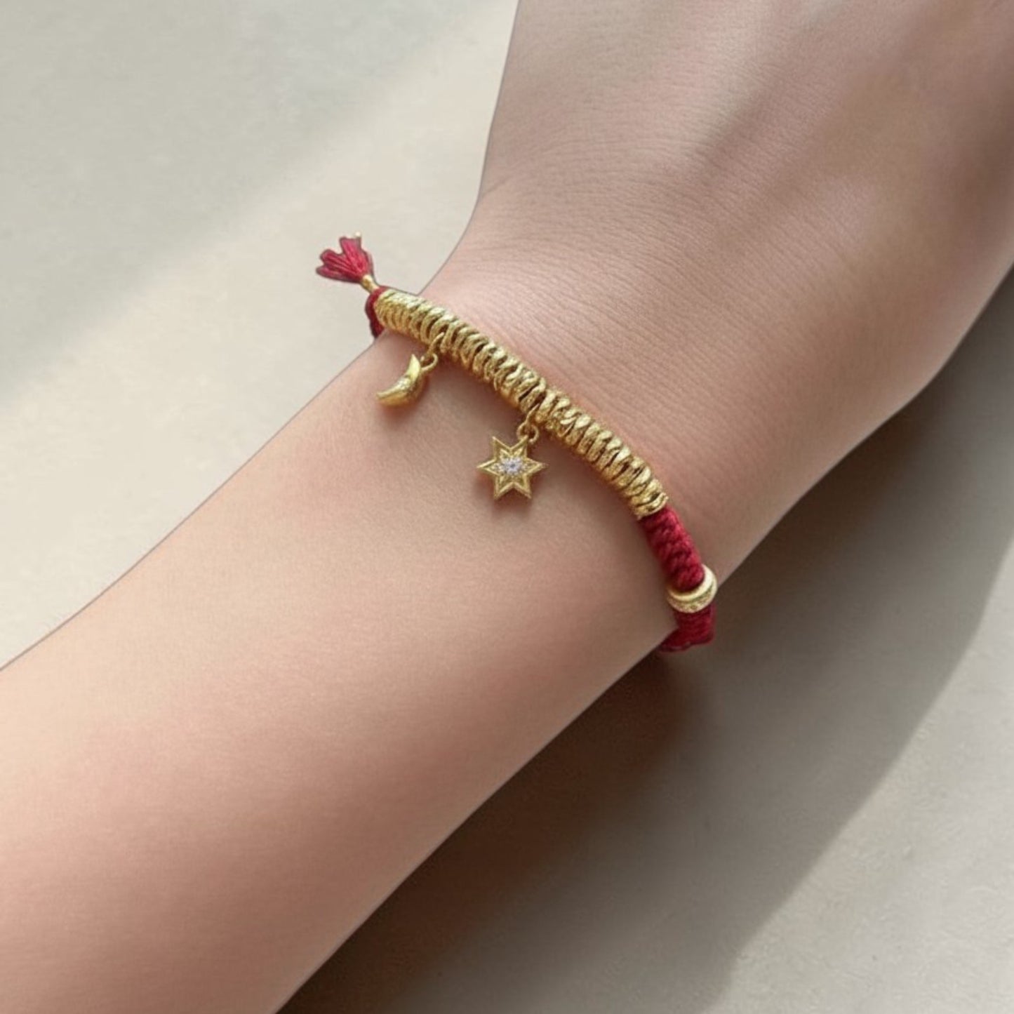 24k 999 Gold Moon and Star Charm Woven Adjustable Bracelet