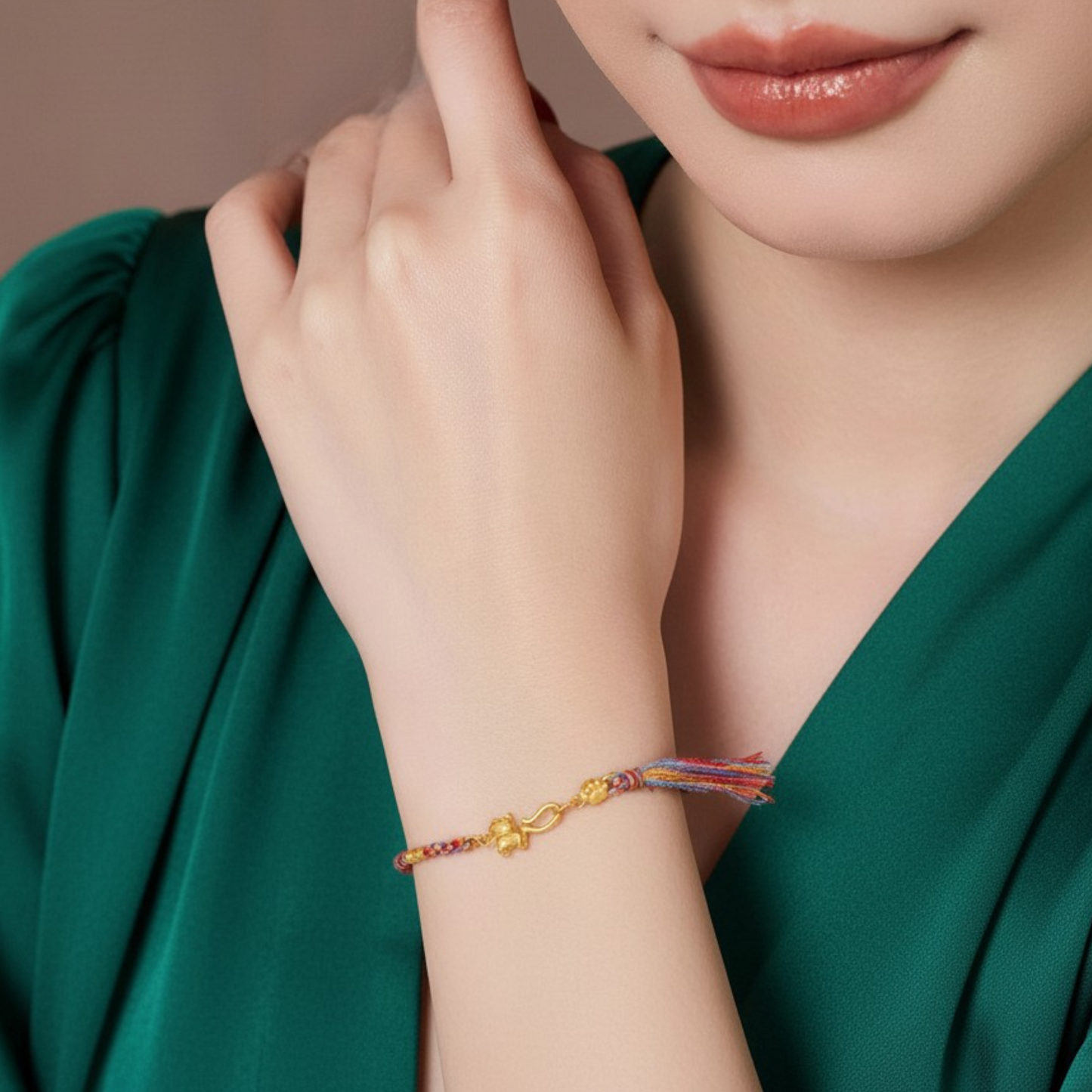 24K Gold Zodiac Horse Cat Dog Rabbit Charm Braided Tassel Rope Bracelet