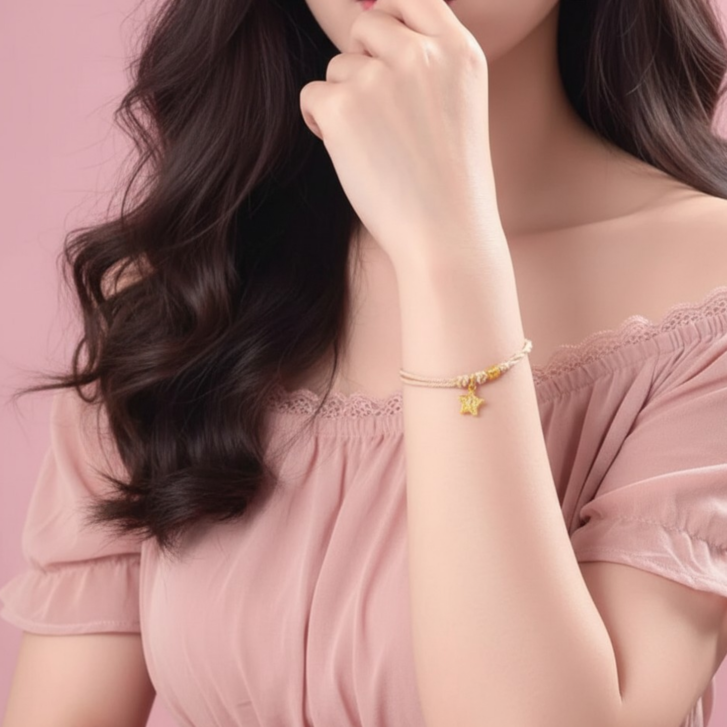 24K Gold Moissanite Star Charm Braided Adjustable Pink Bracelet