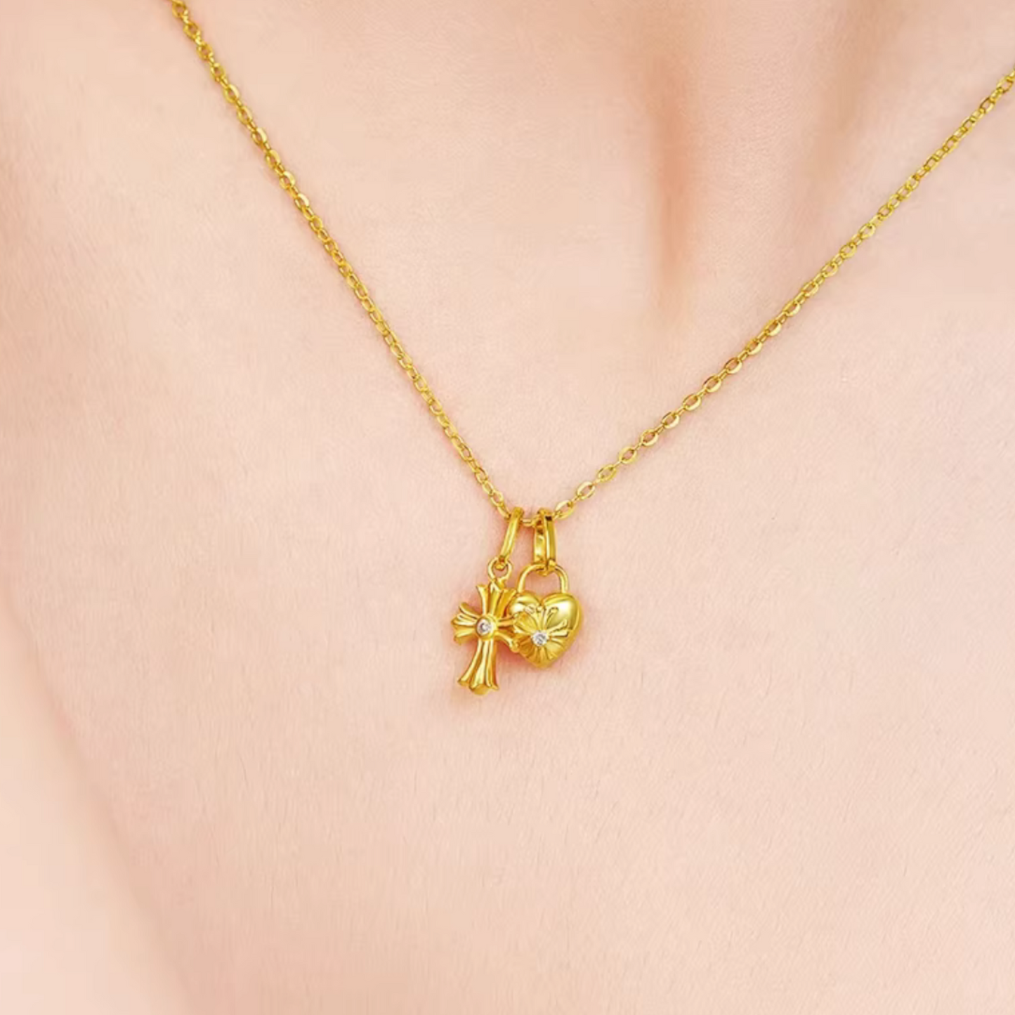 24k Gold Diamond Heart Cross Mini Charm