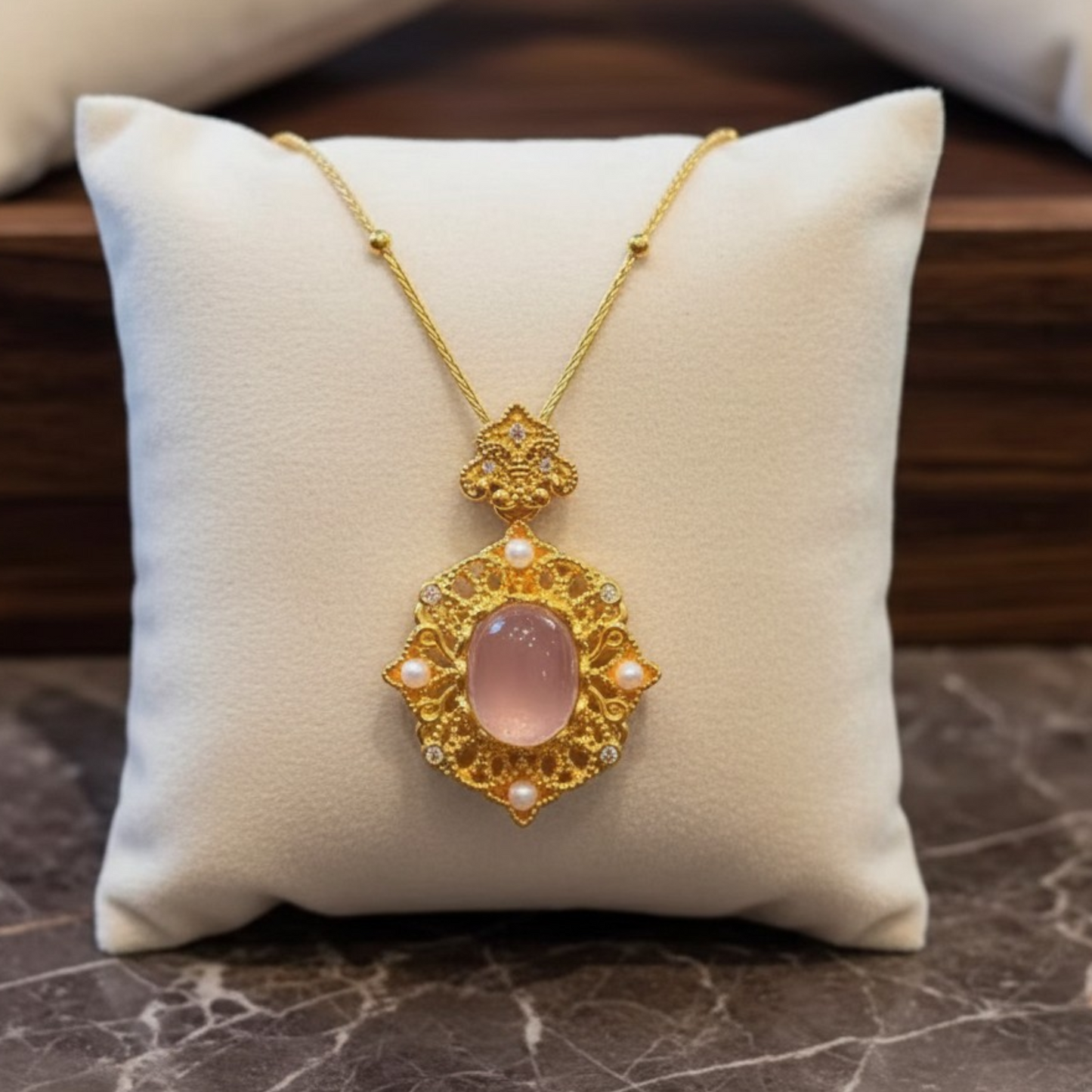 24k 999 Gold Pearl Rose Quartz Gemstone Pendant