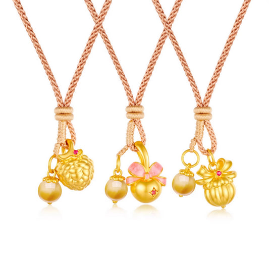 24K 5D Hard Gold Cute Amber Berry Cherry Hazelnut Charms Braided Rope Necklace