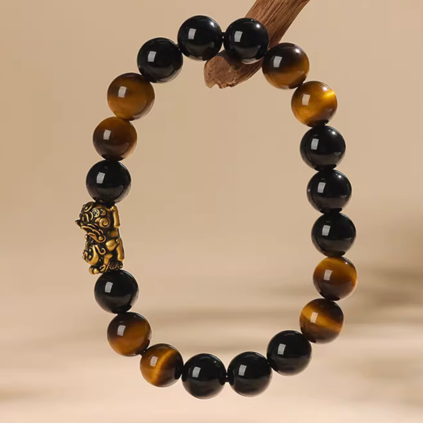 24K Gold Wealth Pixiu Charm with Tiger Eye Stone Beads Unisex Bracelet