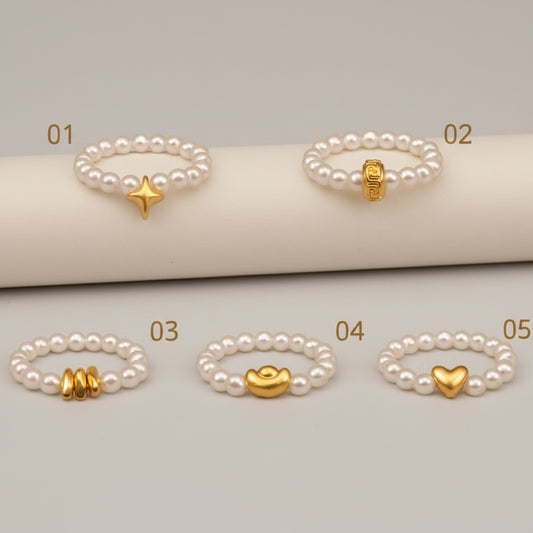 24k Pure 999 Gold Heart Ingot Star Charm Natural Pearl Elegant Minimalist Beaded Ring