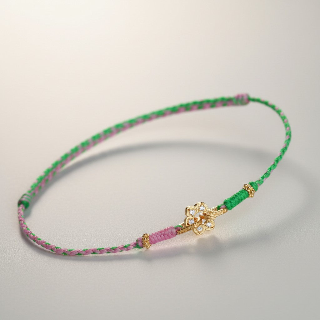 24k 999 Gold Lotus Flower Zircon Charm Braided Thin Cord Bracelet