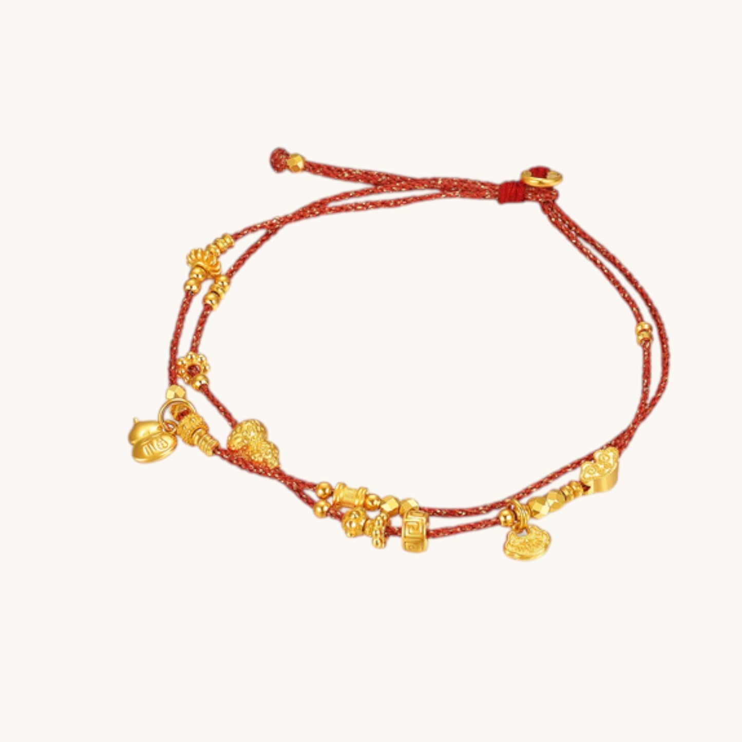24K 999 Gold Charm Beads Gourd Ruyi Lock Adjustable Cord Bracelet