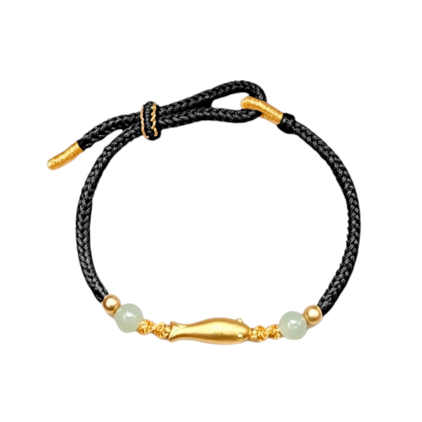 24K 999 Gold Fish Charm Jade Beads Braided Adjustable Cord Bracelet