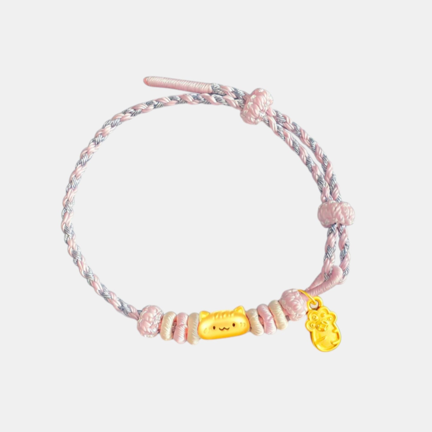 24K 999 Gold Cat Paw Charms Lucky Fortune Adjustable Cord Bracelet