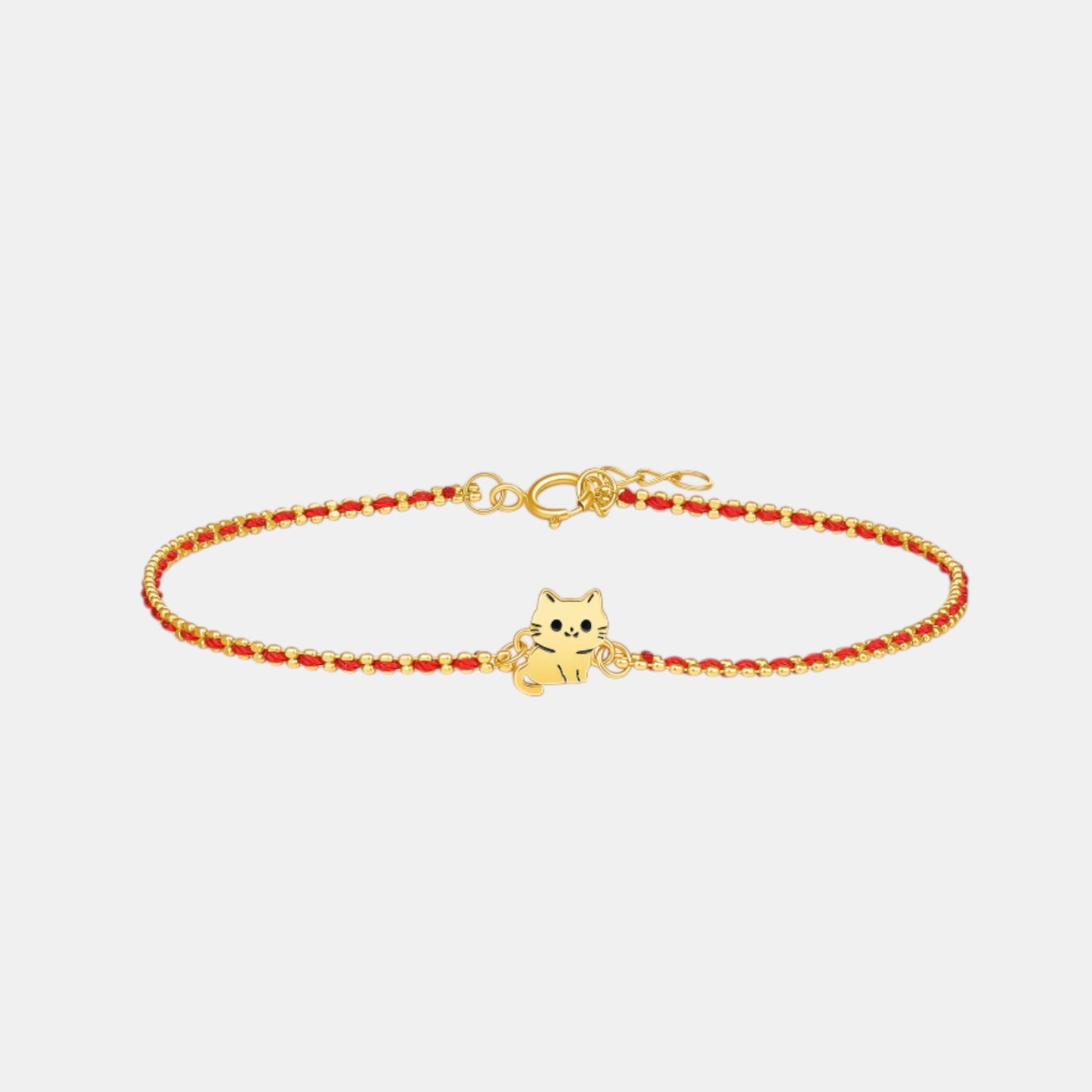 18K Fine Gold Cute Kitty Cat Charm Red String Cord Bracelet