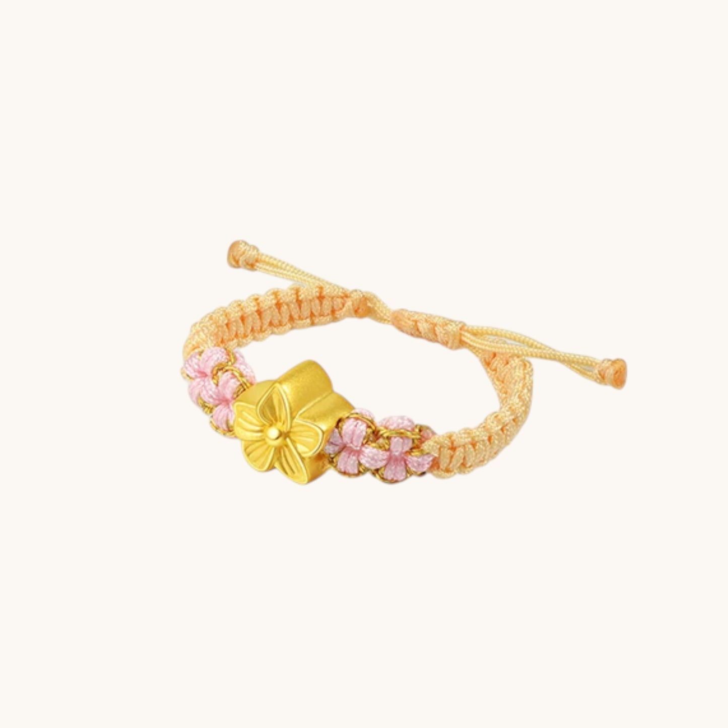 24K 999 Gold Cherry Blossom Flower Charm Braided Adjustable Ring