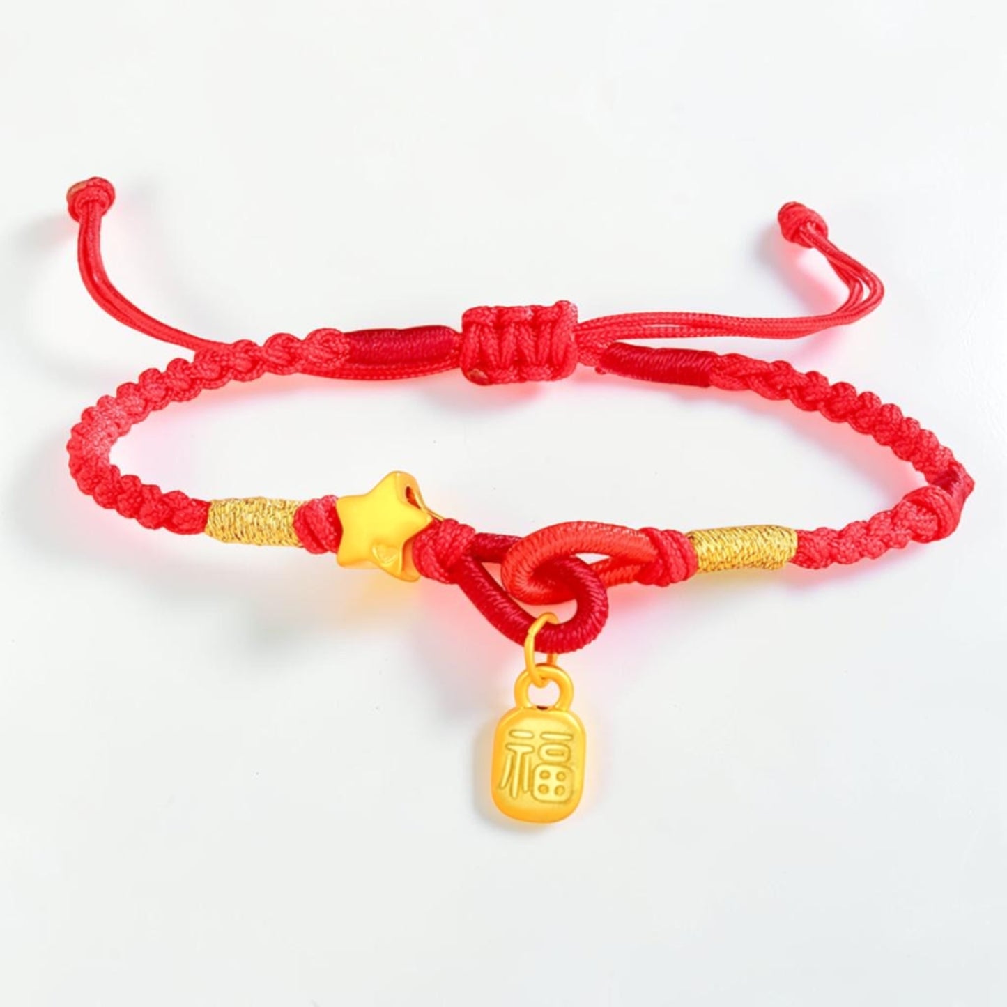 24K 999 Gold Minimal Blessing Fu Charm Star Braided String Adjustable Bracelet