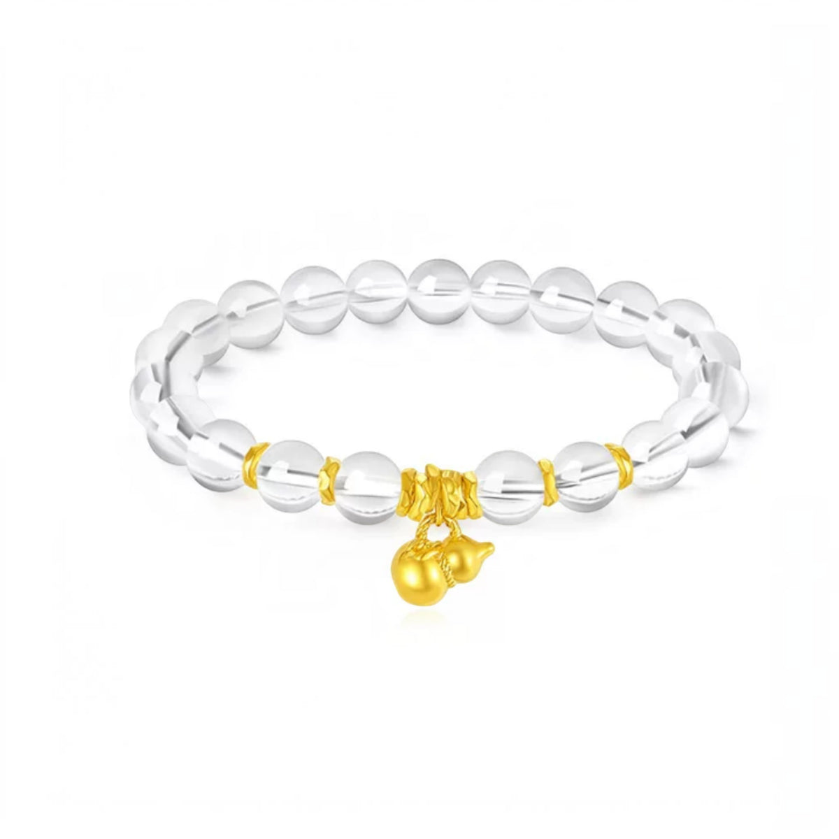24K 999 Gold Blessing Mini Gourd Charm with Clear Quartz Beads Elastic Bracelet