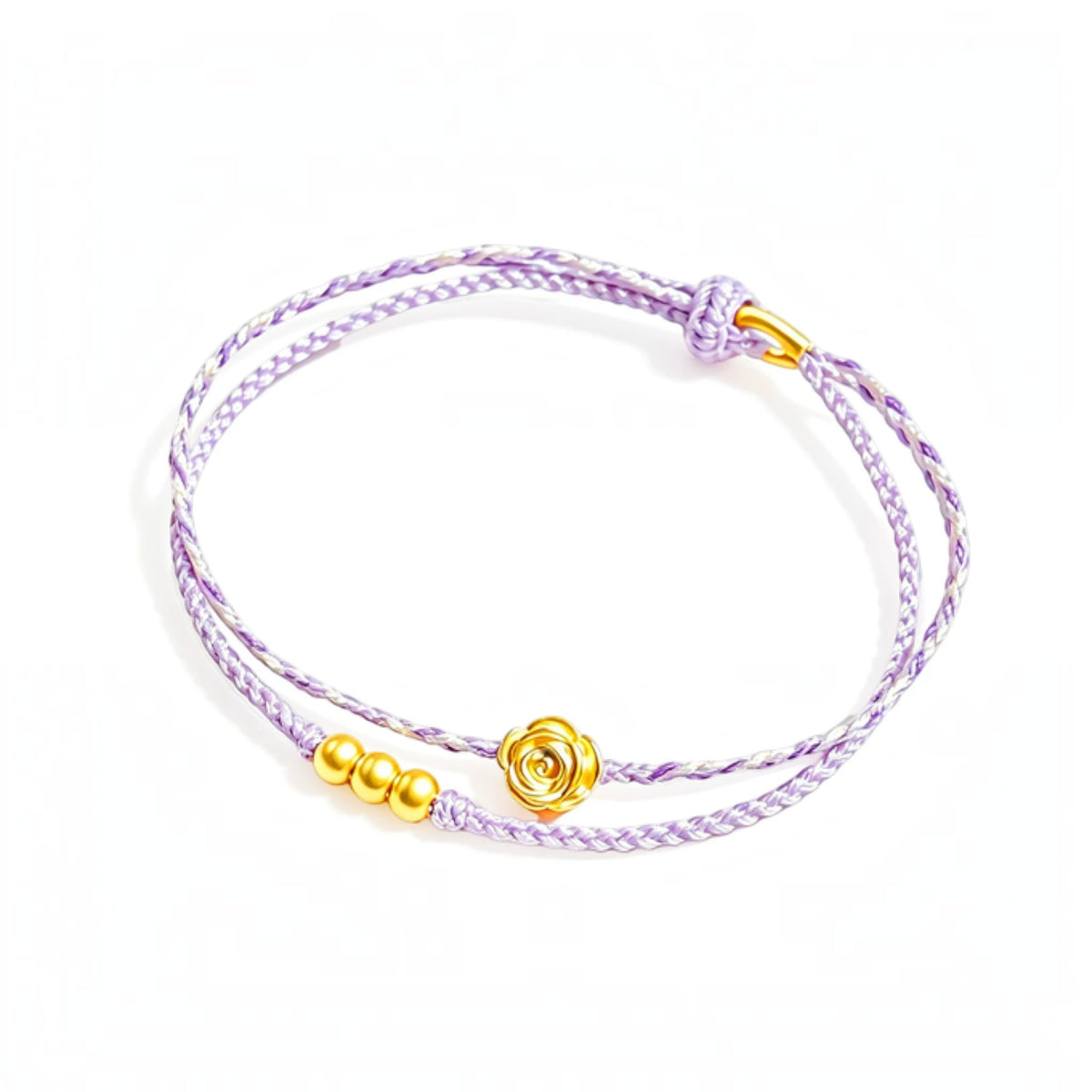 24K 999 Gold Rose Flower Charm Romantic Beads Cord Bracelet