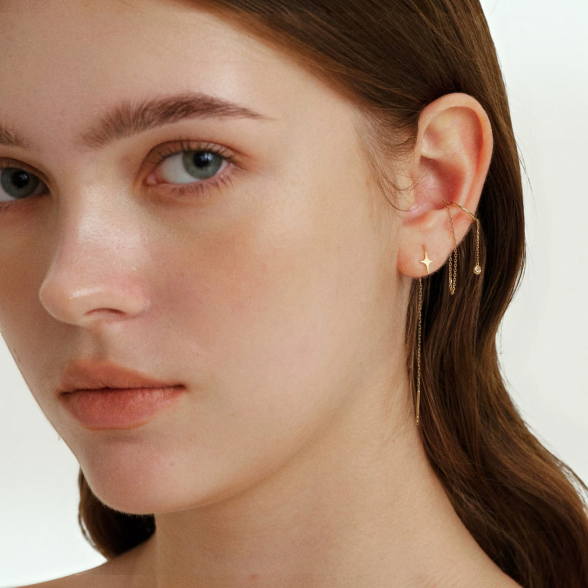 18K Gold Minimal Threader Stud Dangle Earrings