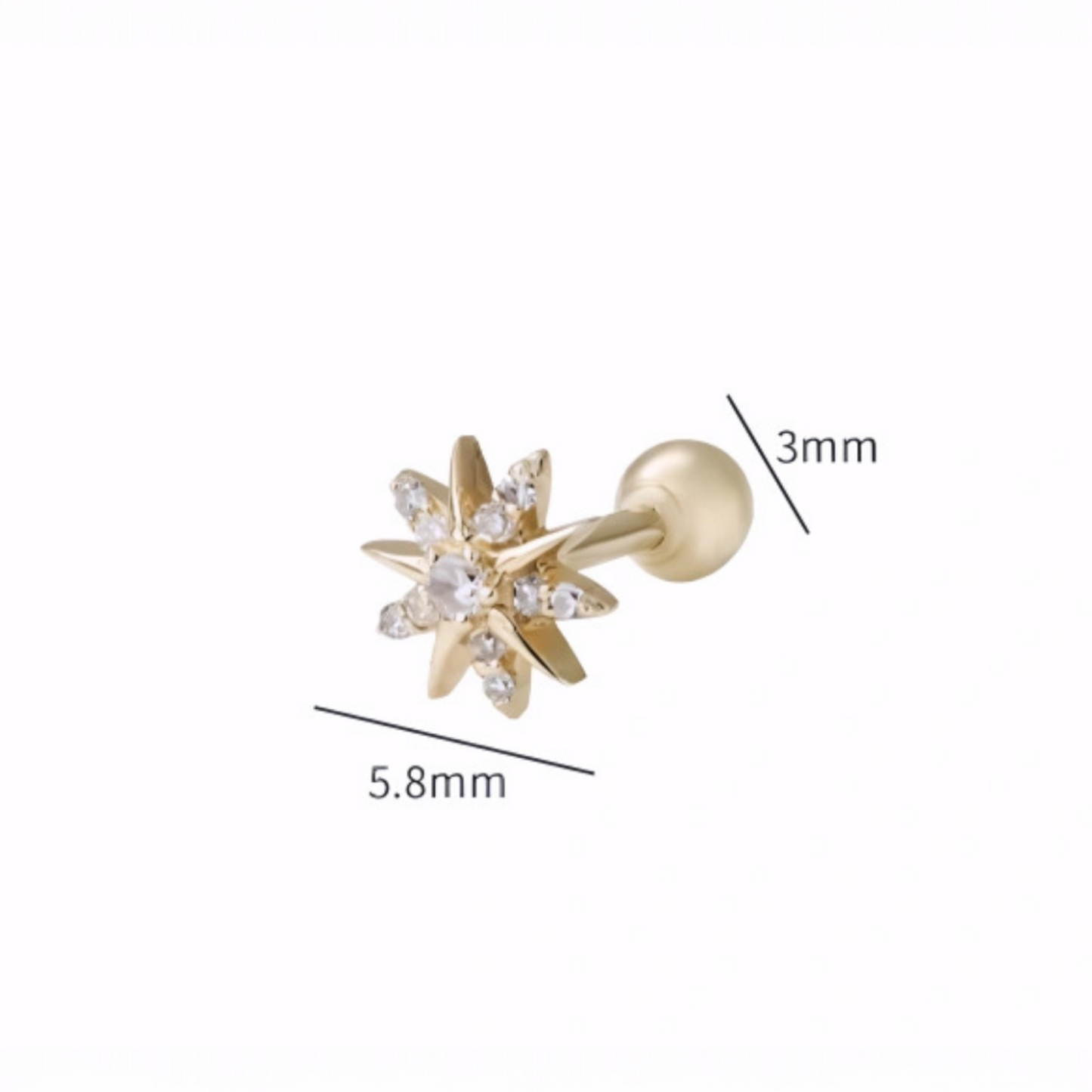 18K Gold Diamond Snowflake Lightning Casual Screw Back Earrings