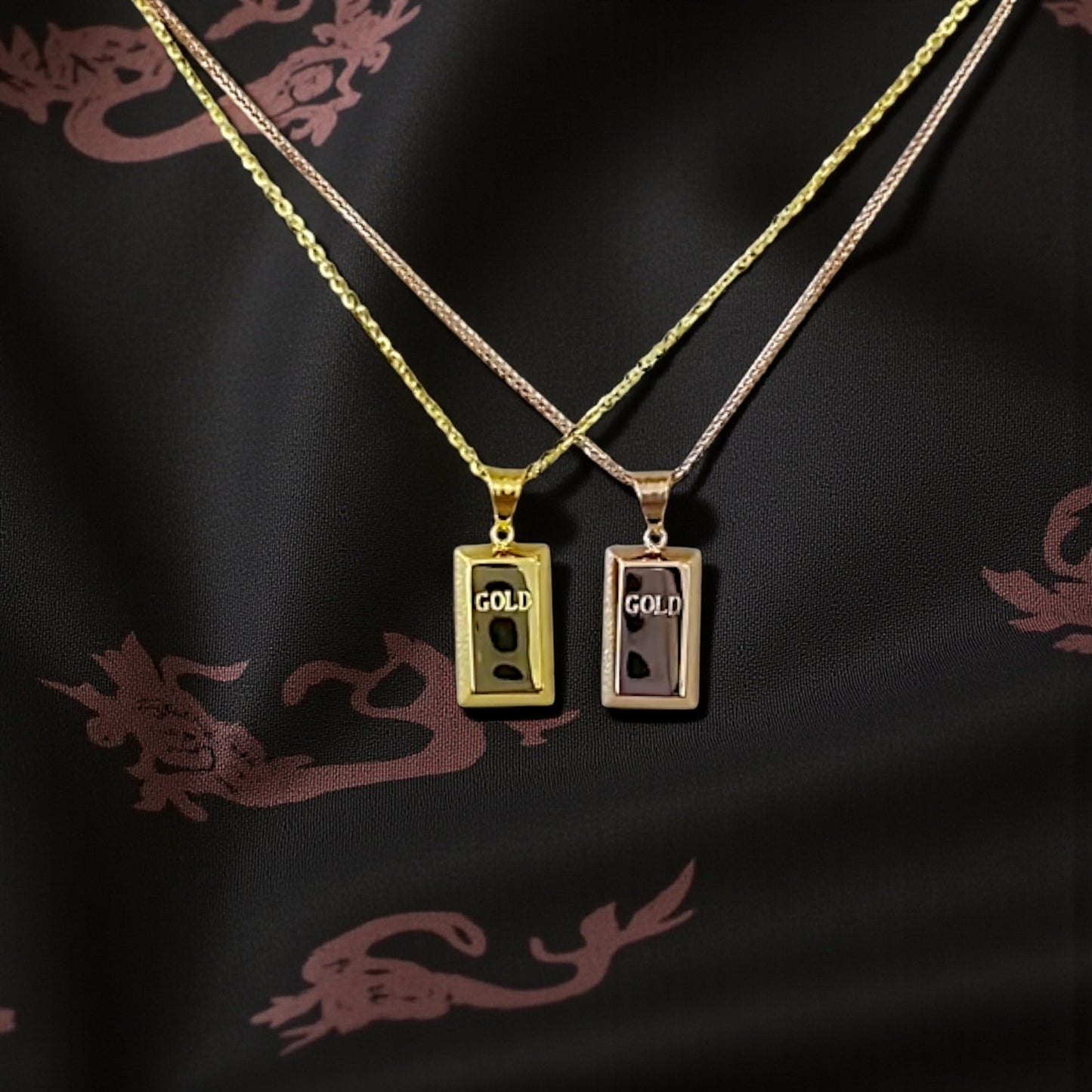 Genuine 18K Rose and Yellow Gold Brick Bar Pendant Engraved "Get Rich" Design