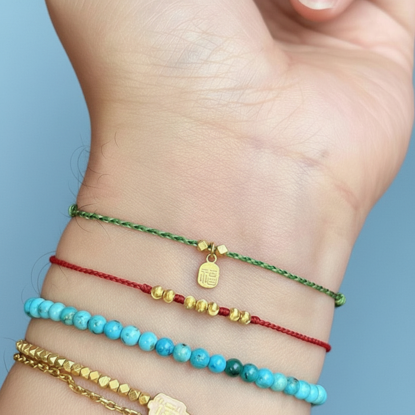 18K Gold Blessing Joy Chinese Fu Charm Minimal Braided String Rope Bracelet