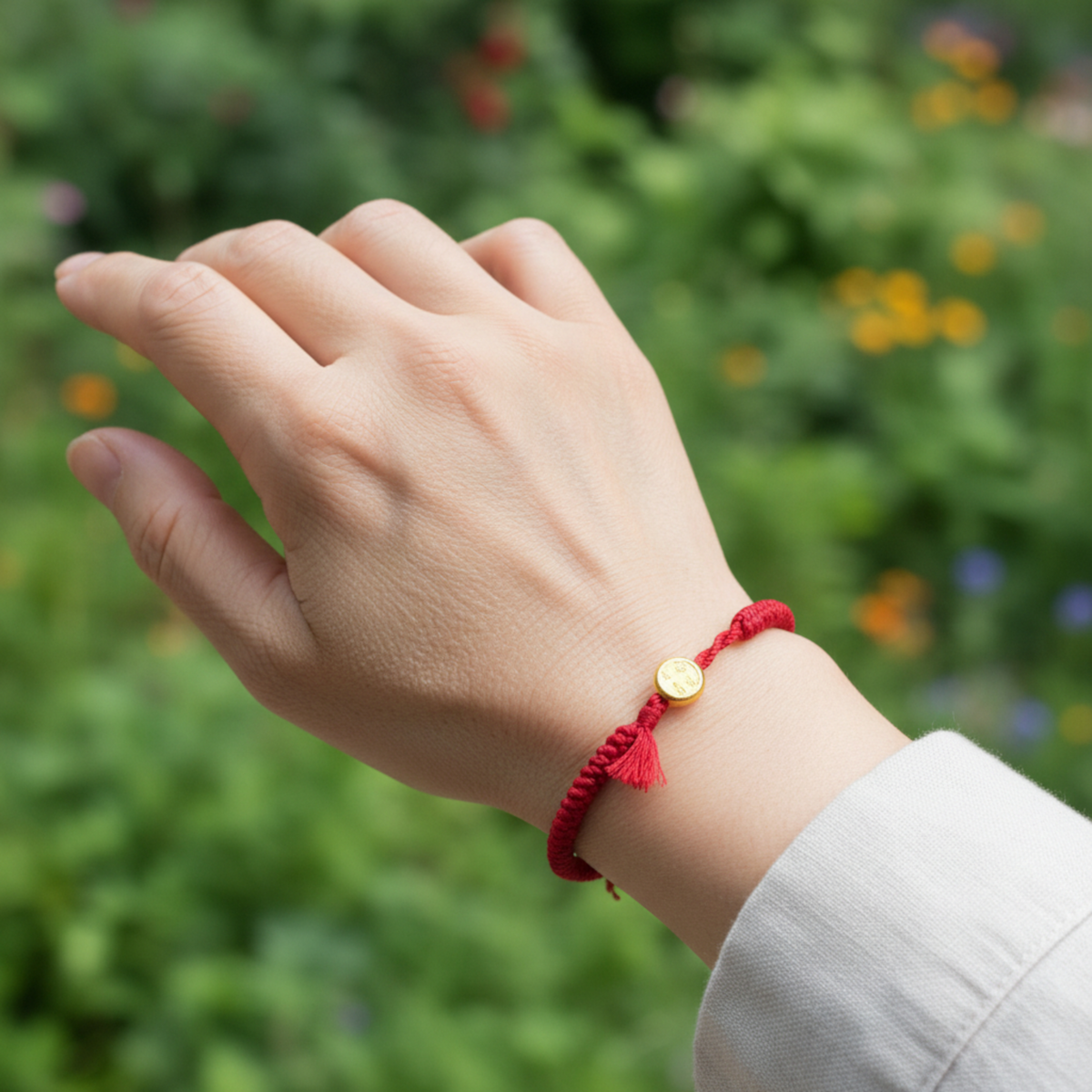 24K Pure 999 Gold Round Chinese Peace and Joy Charm with Red Rope Bracelet