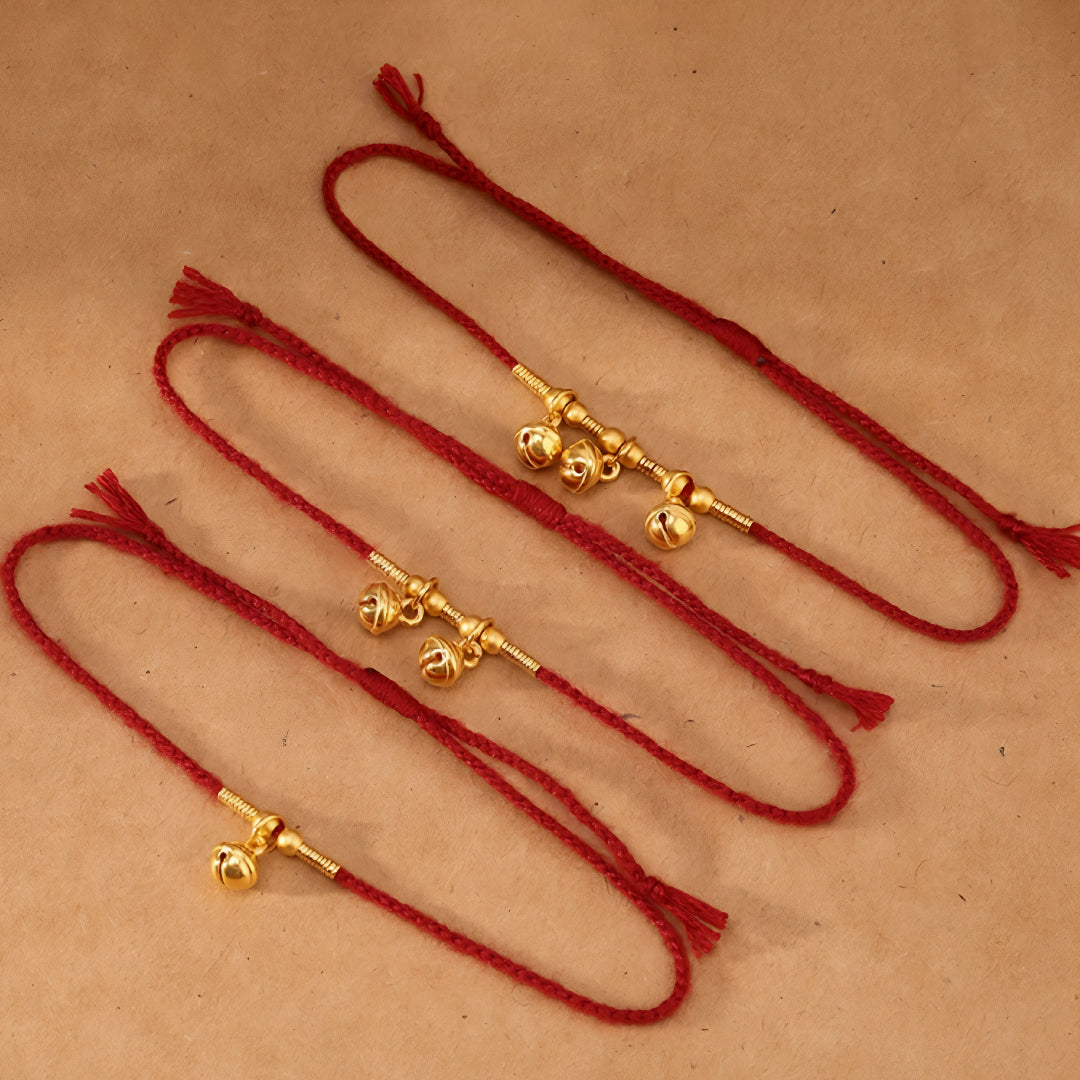 24k Solid 999 Gold Bell Charm Pendant with Red String Braided Rope Bracelet and Anklet Good Fortune