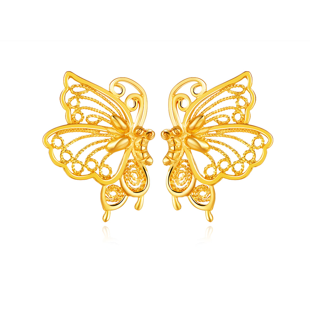 24K Real 999 Gold Lace Elegant Butterfly Stud Earrings
