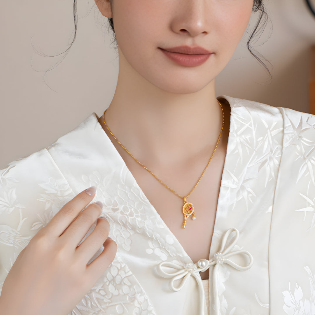 24K Pure Solid Gold Sports Tennis Racket Pendant Charm - Gypsophila Co.