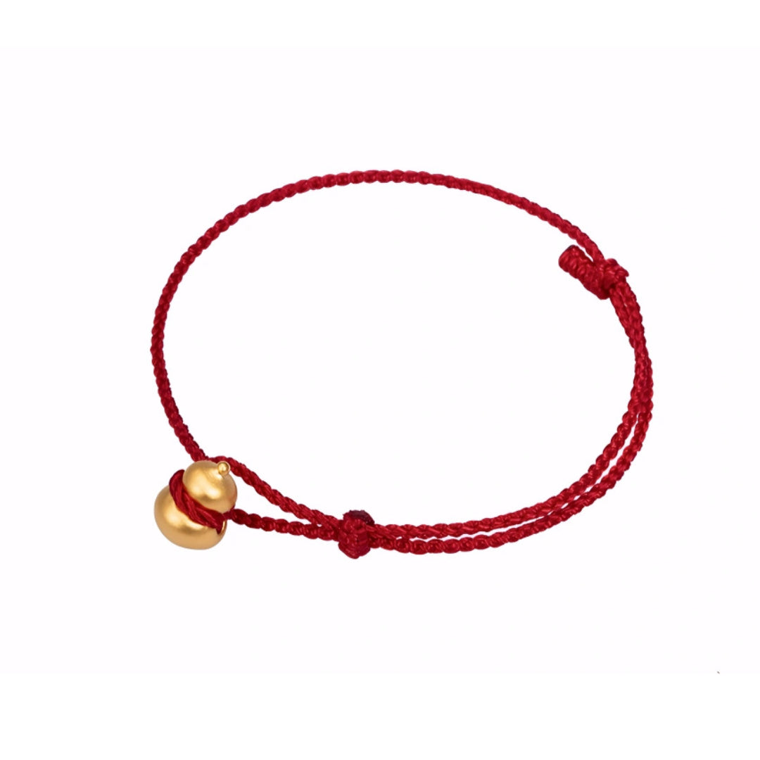 24k Pure 999 Gold Lucky Gourd and Beads with Red Rope Bracelet
