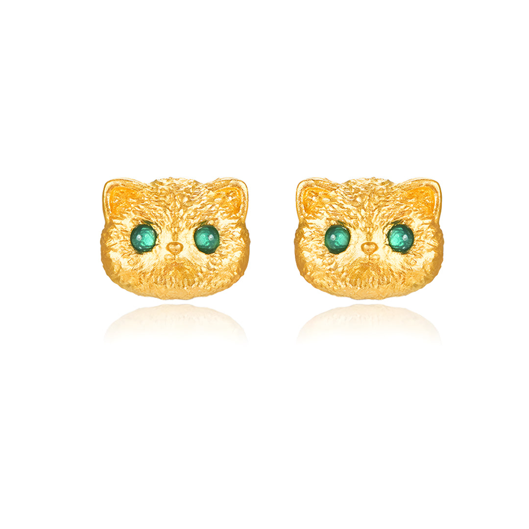 24K Real Gold Kitty Cat Stud Earrings with Green eyes Enamel