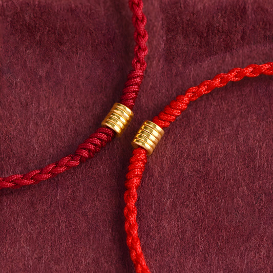 24k Solid Gold 999 Gold Round Circle beads Red Rope Braided Bracelet Men and Women Bracelet