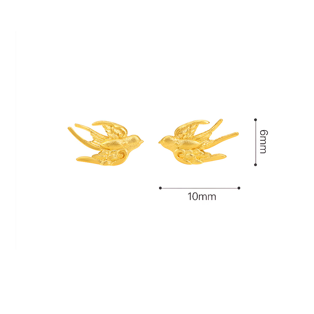 24K Solid Gold Hand-Carved Craft Swallow Women's Stud Earrings